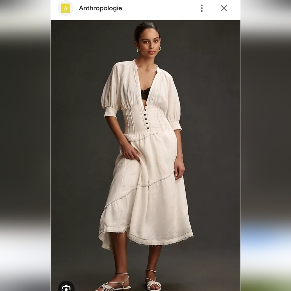 Anthropologie White Linen Puff Sleeve Low Cut Asymetrical Dress Size L - Picture 2 of 8